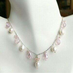 White Freshwater Pearl Pink Crystal Droplet Necklace in Sterling Silver